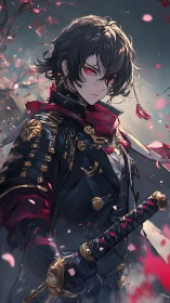 Anime samurai portrait with crimson accents and petals.