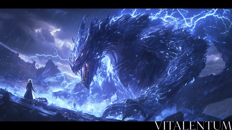 Electrified storm dragon confronts cloaked warrior amid rain-swept chasm