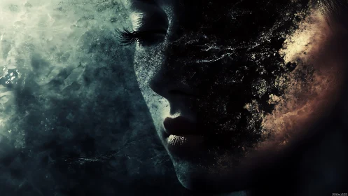 Shattered female portrait dissolves into cosmic darkness
