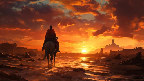 Sun-drowned rider drifts toward a distant ember city