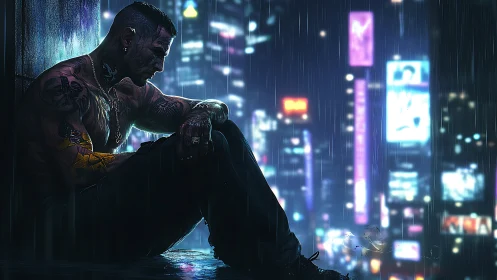 Neon rain crowns a lone fighter in quiet midnight defeat