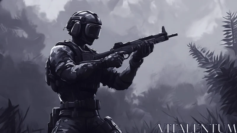 Tactical soldier aims rifle in monochrome jungle environment