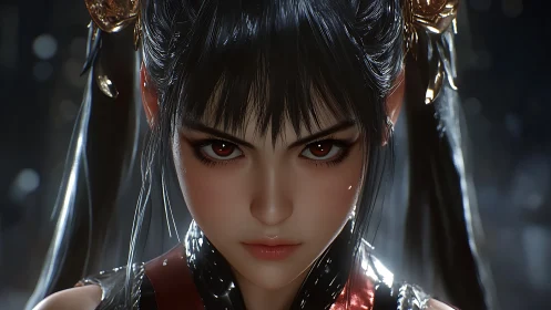 Fierce red eyed warrior girl glares in cinematic close up
