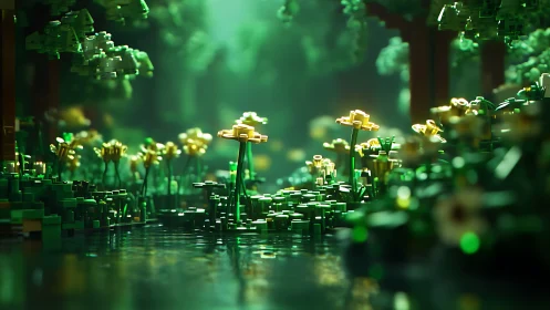 Luminescent botanical ecosystem with pixelated flora composition.