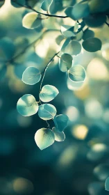 Selective focus view of backlit branch with round leaves.