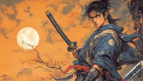 Samurai warrior with katana under full moon sky.