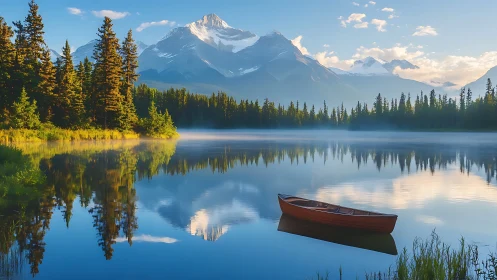 Morning canoe on misty alpine lake with crystal reflections.
