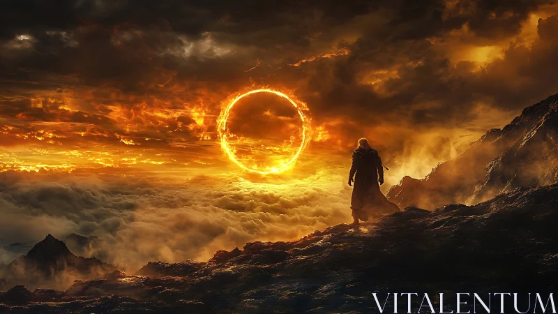 Lone skywanderer meets a burning halo above storm clouds