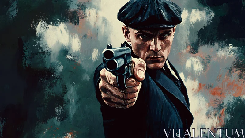 Male figure points handgun directly toward viewer in focus