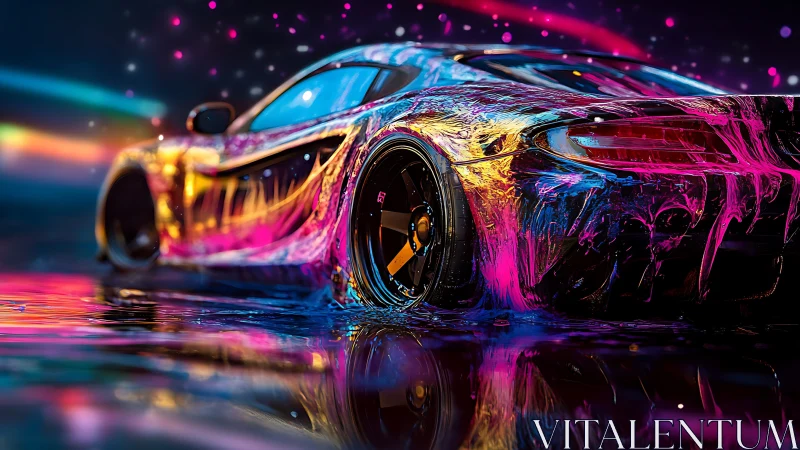 Neon sports car with wet paint reflections at night.