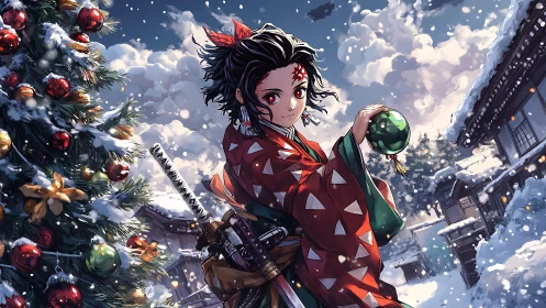Anime warrior celebrates a snowy, festive winter evening