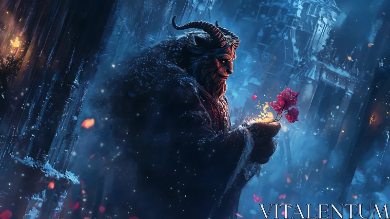 Horned beast cradles burning rose in frozen blue ruin.