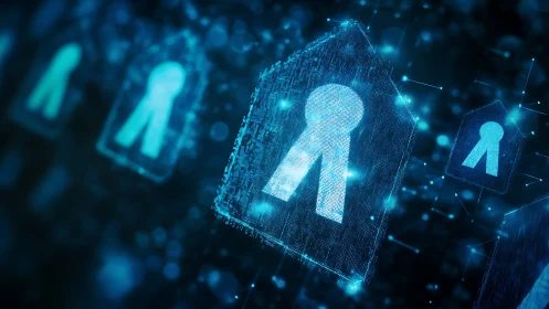 Data lock icons rendered as glowing low poly cybersecurity mesh
