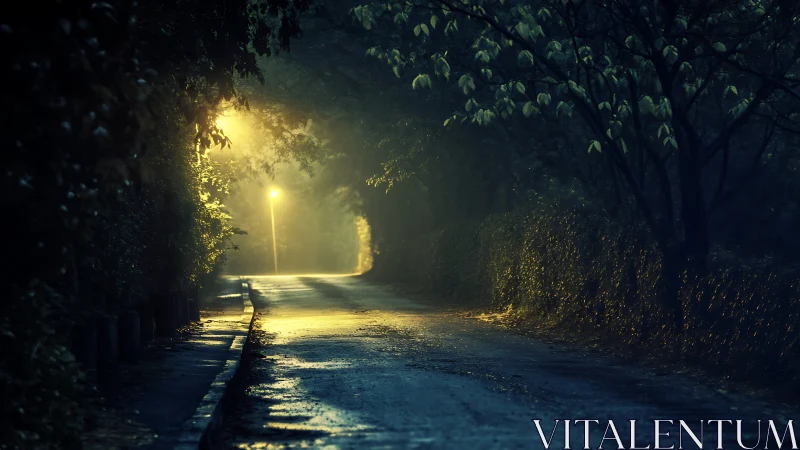Nocturnal lane with lamplit vanishing point perspective.