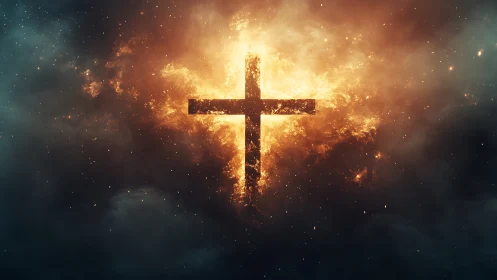 Fiery cross burns within cosmic smoke and glowing embers.