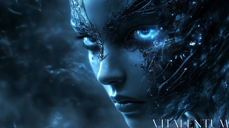 Gentle cyborg gaze glowing with cool electric blue light.