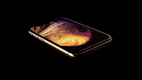 Gold iPhone XS Max displaying abstract liquid metal wallpaper