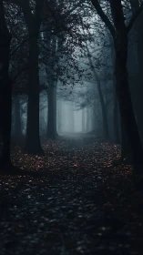 Misty Forest Path Through Towering Trees.