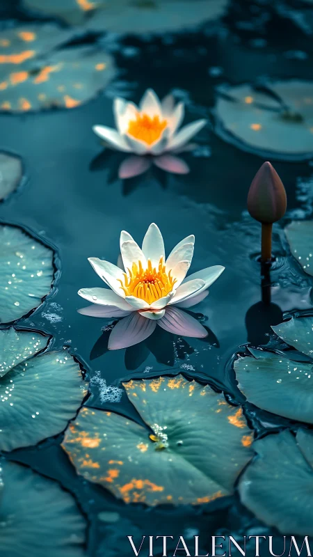 Quiet water lilies glow softly above calm blue ripples