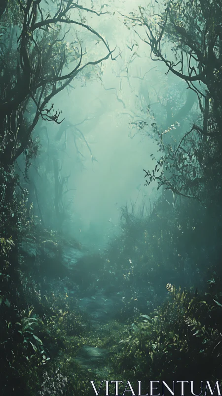 Misty forest pathway through dense canopy with ethereal lighting