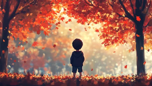Digital painting of child under radiant autumn canopy frame.