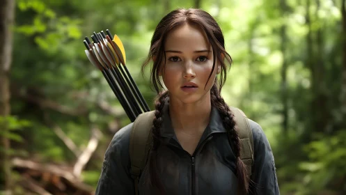 Young archer in forest, soft bokeh depth and directional rim light