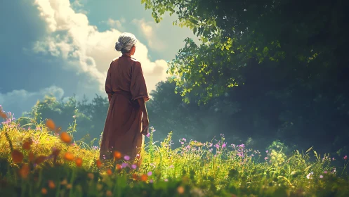 Elderly woman stands in sunlit wildflower meadow edge