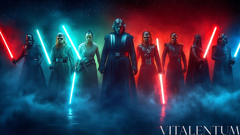 Star Wars inspired characters with lightsabers in mist.