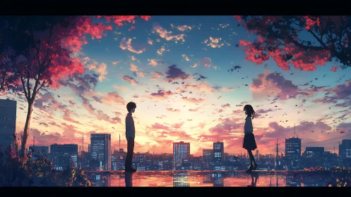 Silhouetted figures on rooftop against dusk city skyline.