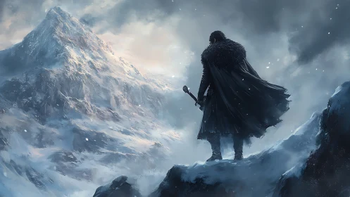 Lone cloaked sentinel surveying glacial alpine massif panorama.