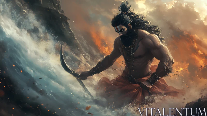 Mythic warrior cleaves storm-tossed sea in cinematic digital chiaroscuro