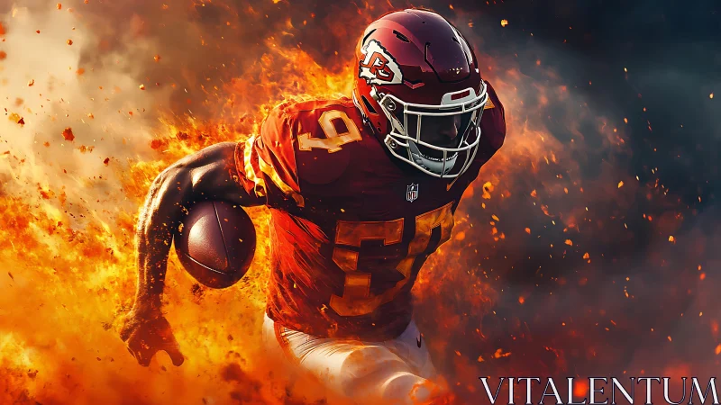 Gridiron runner erupting through cinematic firestorm imagery.