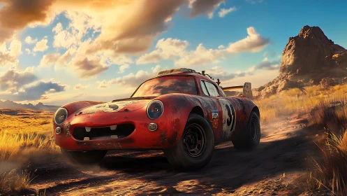 Weathered red race car on dusty desert track at sunset.