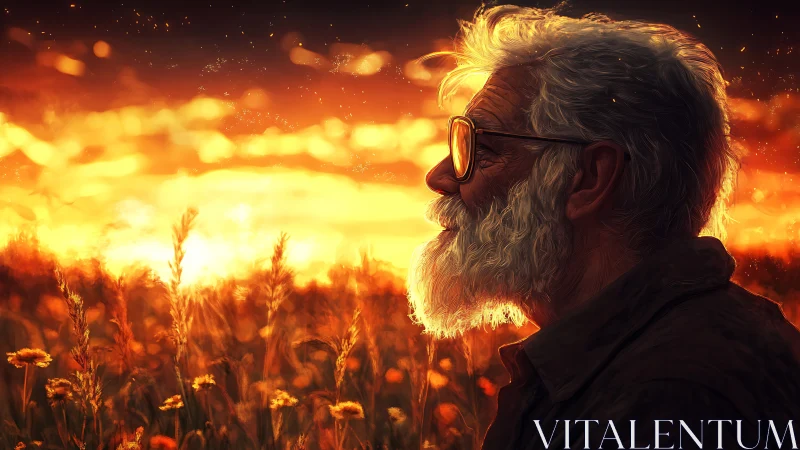 Elderly man studies blazing sunset over golden wheatfield.