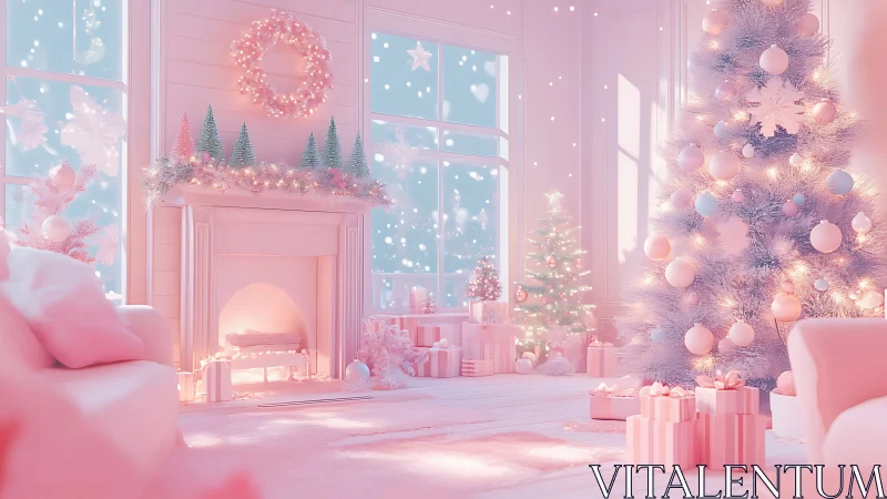 Pastel Christmas interior renders soft volumetric lighting and bokeh