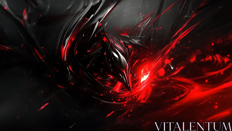 Crimson energy vortex twists through glossy black void.