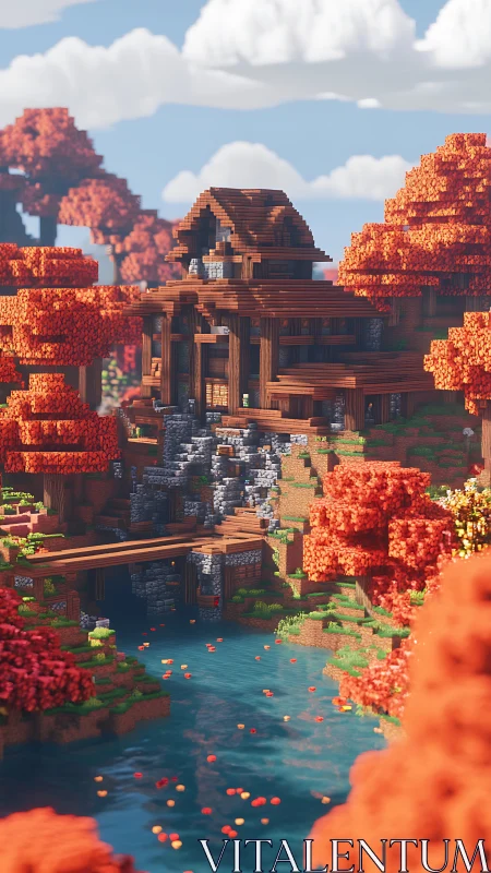 Pixelated riverside lodge glows amid vibrant autumn forest