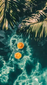 Overhead view of orange slices in pool under palm shadows.