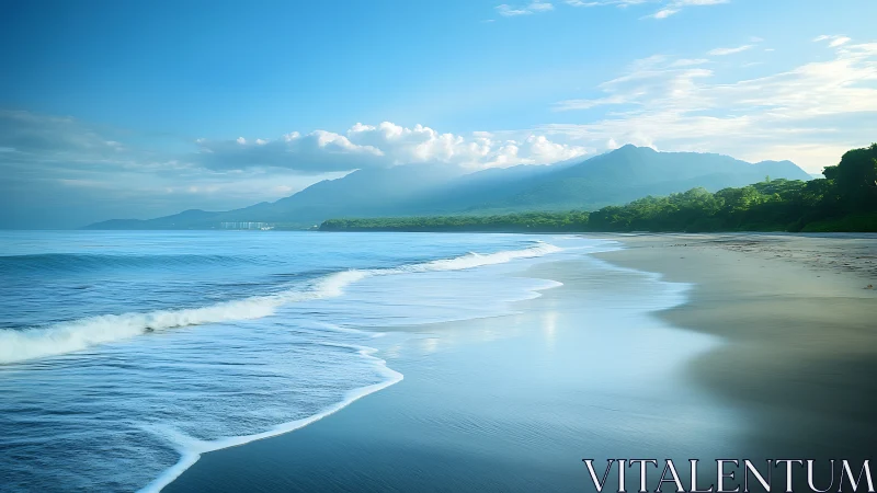 Photorealistic coastal panorama with receding surf and misty peaks.