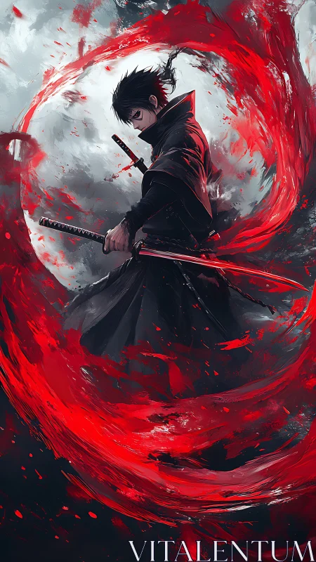 Black-clad swordsman encircled by red energy vortex artwork.