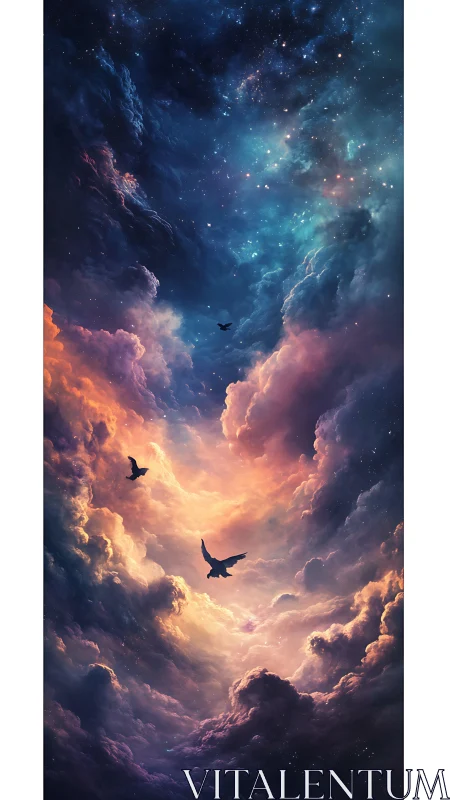 Astrophysical cloudscape with silhouetted avian trajectories.