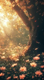 Golden hour blossom tree with cinematic depth of field rendering.