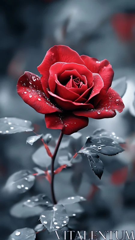 Crimson Rose with Dew Drops on Blurred Gray Background