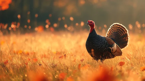 Wild turkey displays vibrant plumage in golden autumn field