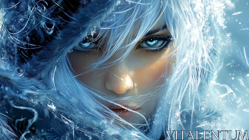 Frozen gaze of a snow-haired guardian glows with quiet power