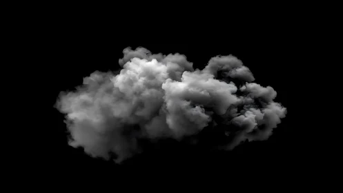 Billowing gray cloud floats alone in deep black void.