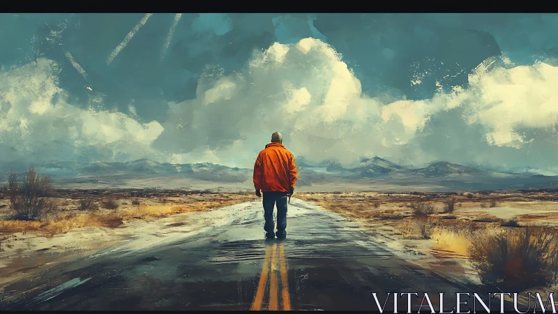 Solitary figure advances along wet desert highway under clouds