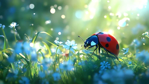 Ladybug walks through sunlit meadow of tiny blue flowers