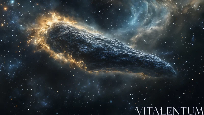 Elongated cosmic asteroid with ionized halo in deep space.