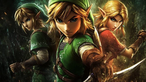 Trio of elven warriors in high-detail fantasy battle stance.